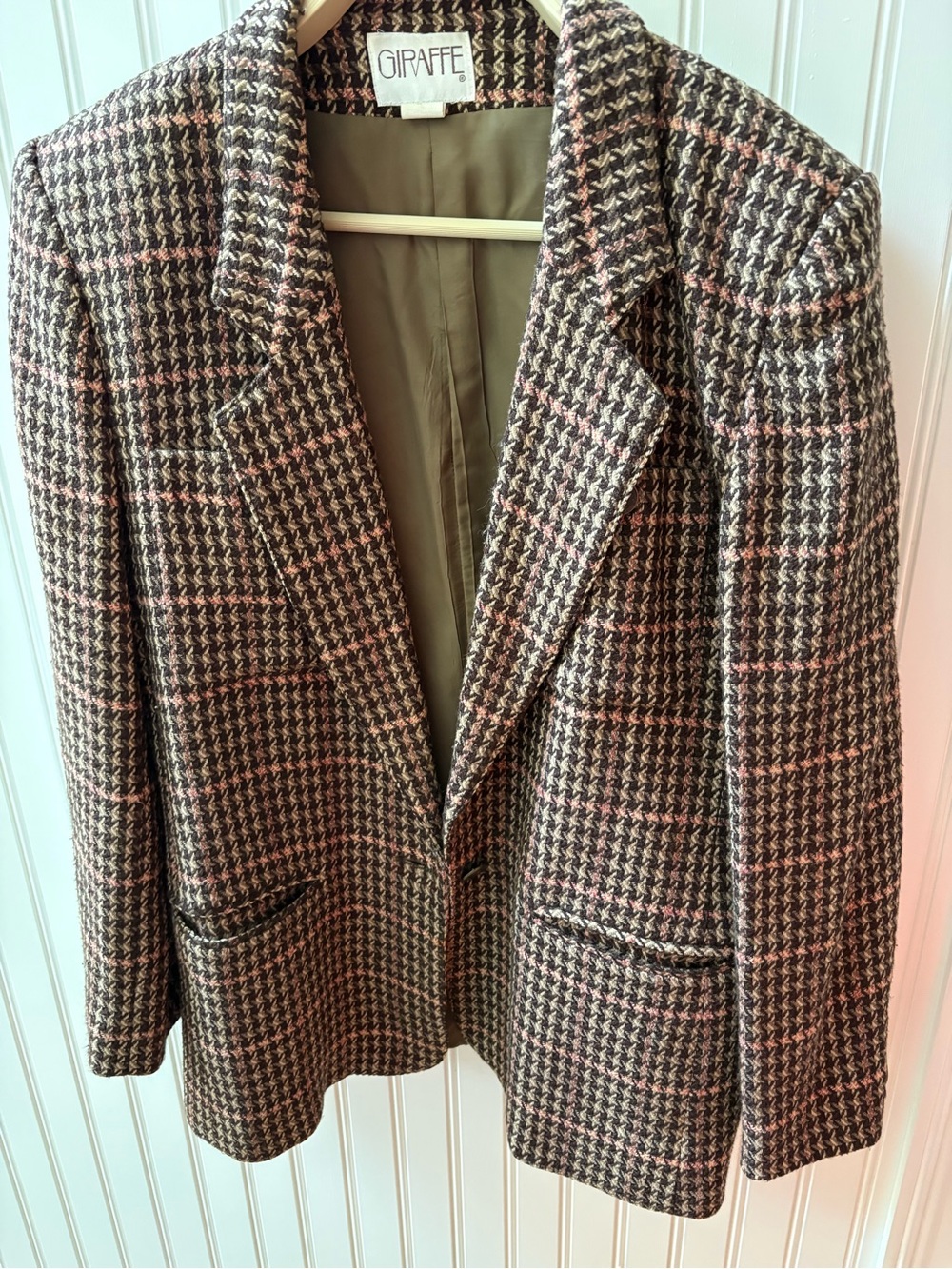 Vintage Brown Plaid Houndstooth Blazer with Pink Accents